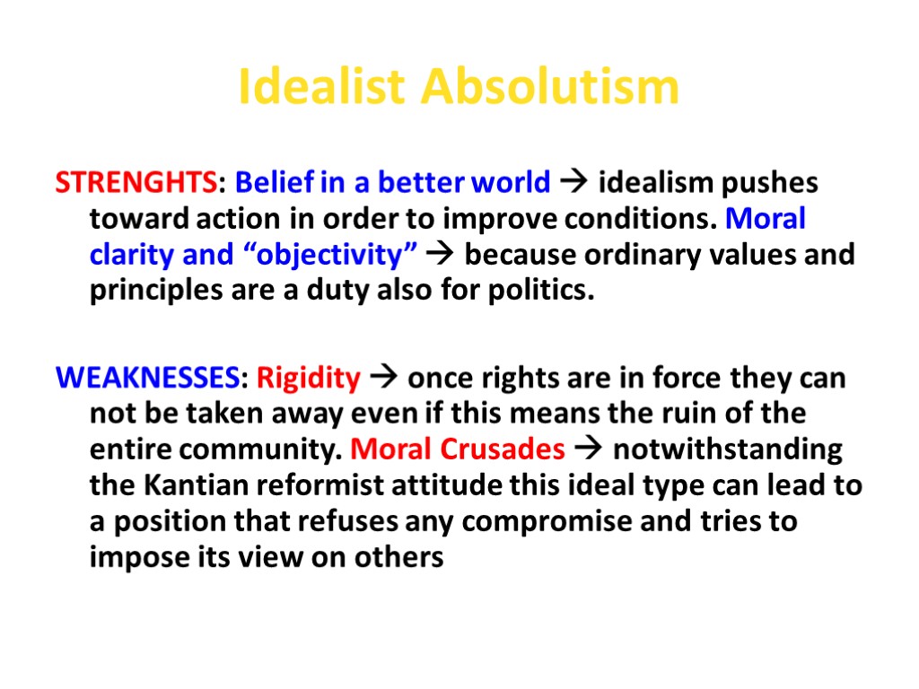 Idealist Absolutism STRENGHTS: Belief in a better world  idealism pushes toward action in